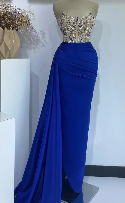 RP417-Elegant Royal Blue Mermaid Strapless Crystals Beads Ruched Sleeveless Long Prom Evening Dresses Formal Party Gowns With Slit