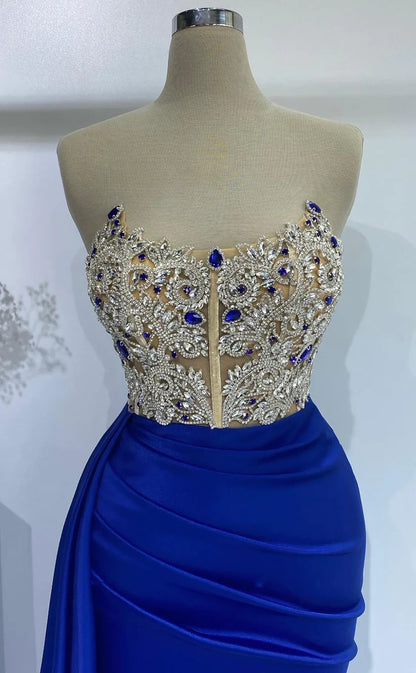 RP417-Elegant Royal Blue Mermaid Strapless Crystals Beads Ruched Sleeveless Long Prom Evening Dresses Formal Party Gowns With Slit