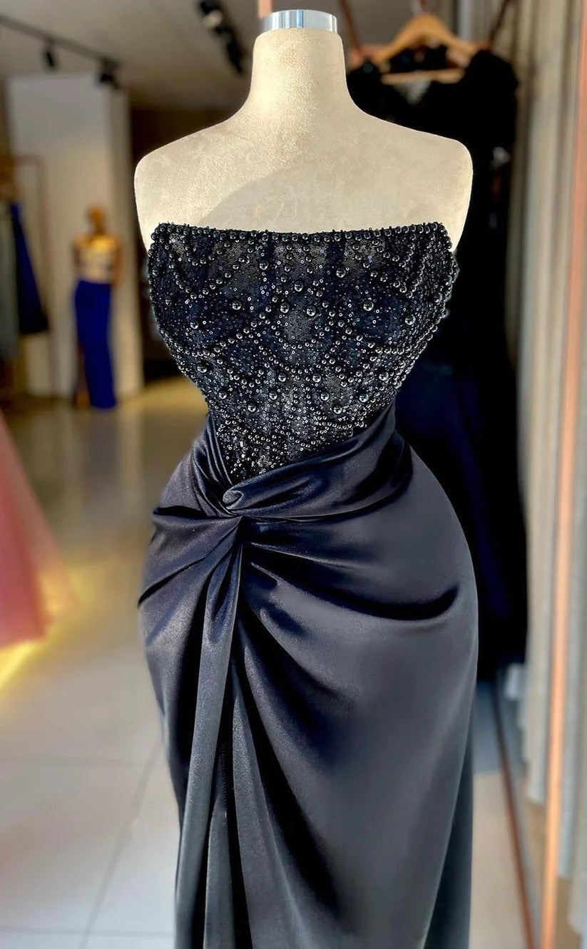 RP1362-Gorgeous Black Mermaid Strapless Pearls Sequins Sleeveless Prom Evening Dresses Formal Party Gowns With Slit