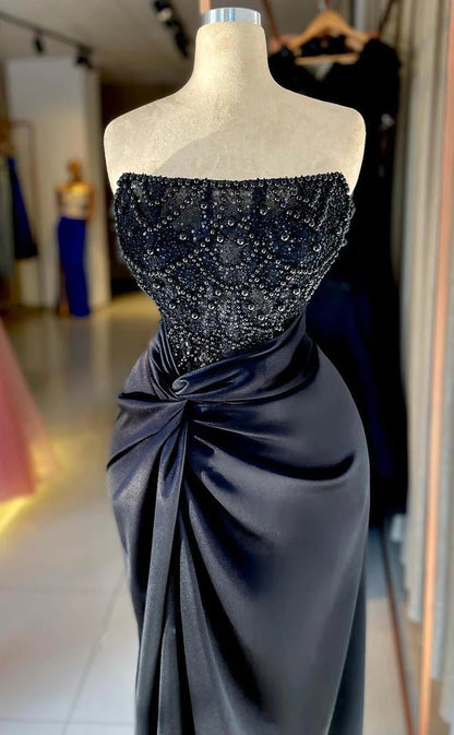 RP1362-Gorgeous Black Mermaid Strapless Pearls Sequins Sleeveless Prom Evening Dresses Formal Party Gowns With Slit