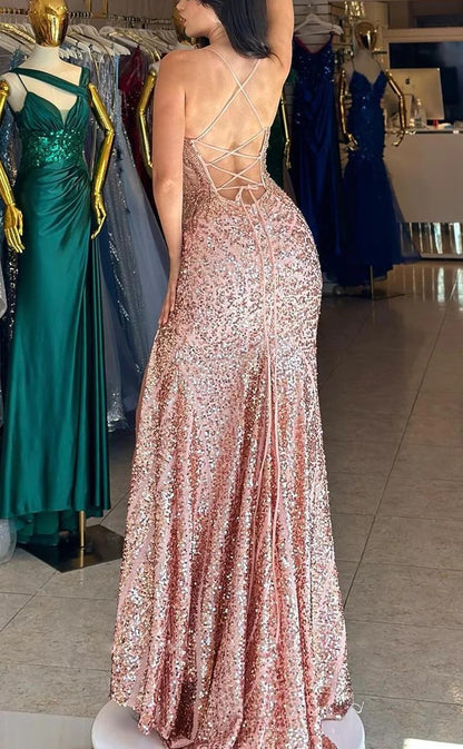 RP1363-Sparkling Pink Mermaid Spaghetti Beads Sequins Sleeveless Prom Evening Dresses Formal Party Gowns With Slit