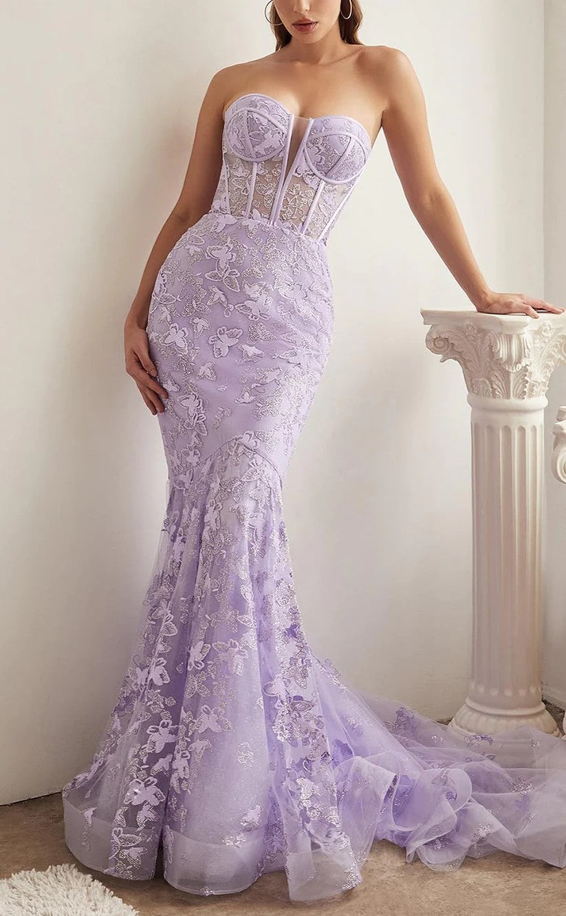 RP1364-Elegant Lavender Mermaid Sweetheart Lace Appliqued Sleeveless Prom Evening Dresses Formal Party Gowns With Train