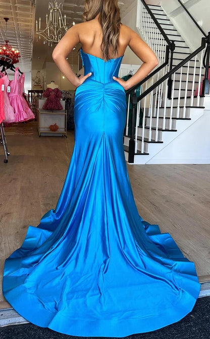 RP1365-Elegant Blue Mermaid Sweetheart Ruched Sleeveless Prom Evening Dresses Formal Party Gowns With Slit