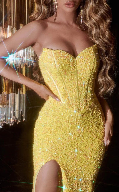 RP1368-Sparkling Yellow Mermaid Sweetheart Beads Sequins Sleeveless Prom Evening Dresses Formal Party Gowns With Slit