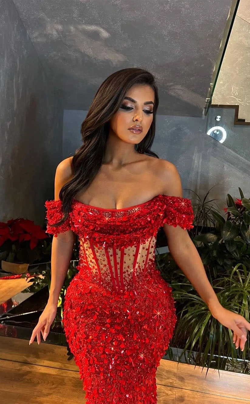 RP2146-Sparkling Red Mermaid Off-the-Shoulder Beaded Crystals Cap Sleeves Sequins Prom Evening Dresses Formal Party Gowns With Slit