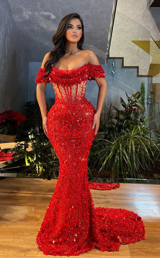 RP2146-Sparkling Red Mermaid Off-the-Shoulder Beaded Crystals Cap Sleeves Sequins Prom Evening Dresses Formal Party Gowns With Slit