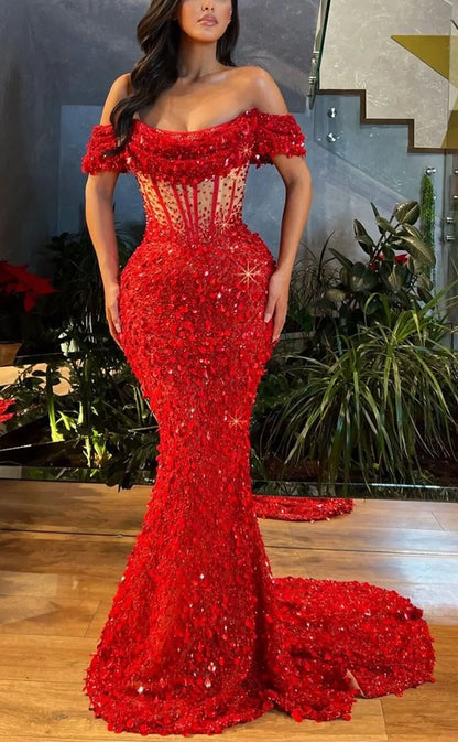 RP2146-Sparkling Red Mermaid Off-the-Shoulder Beaded Crystals Cap Sleeves Sequins Prom Evening Dresses Formal Party Gowns With Slit