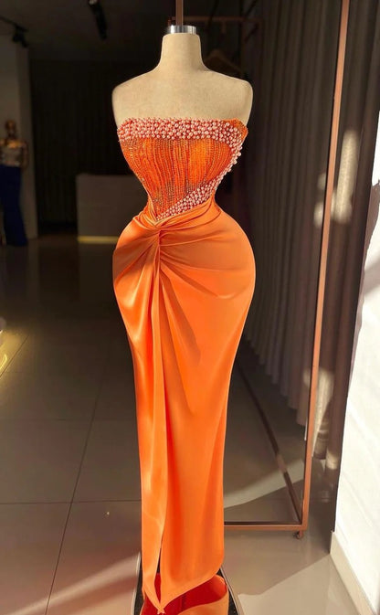 RP1367-Gorgeous Orange Mermaid Strapless Ruched Pearls Beads Sleeveless Prom Evening Dresses Formal Party Gowns