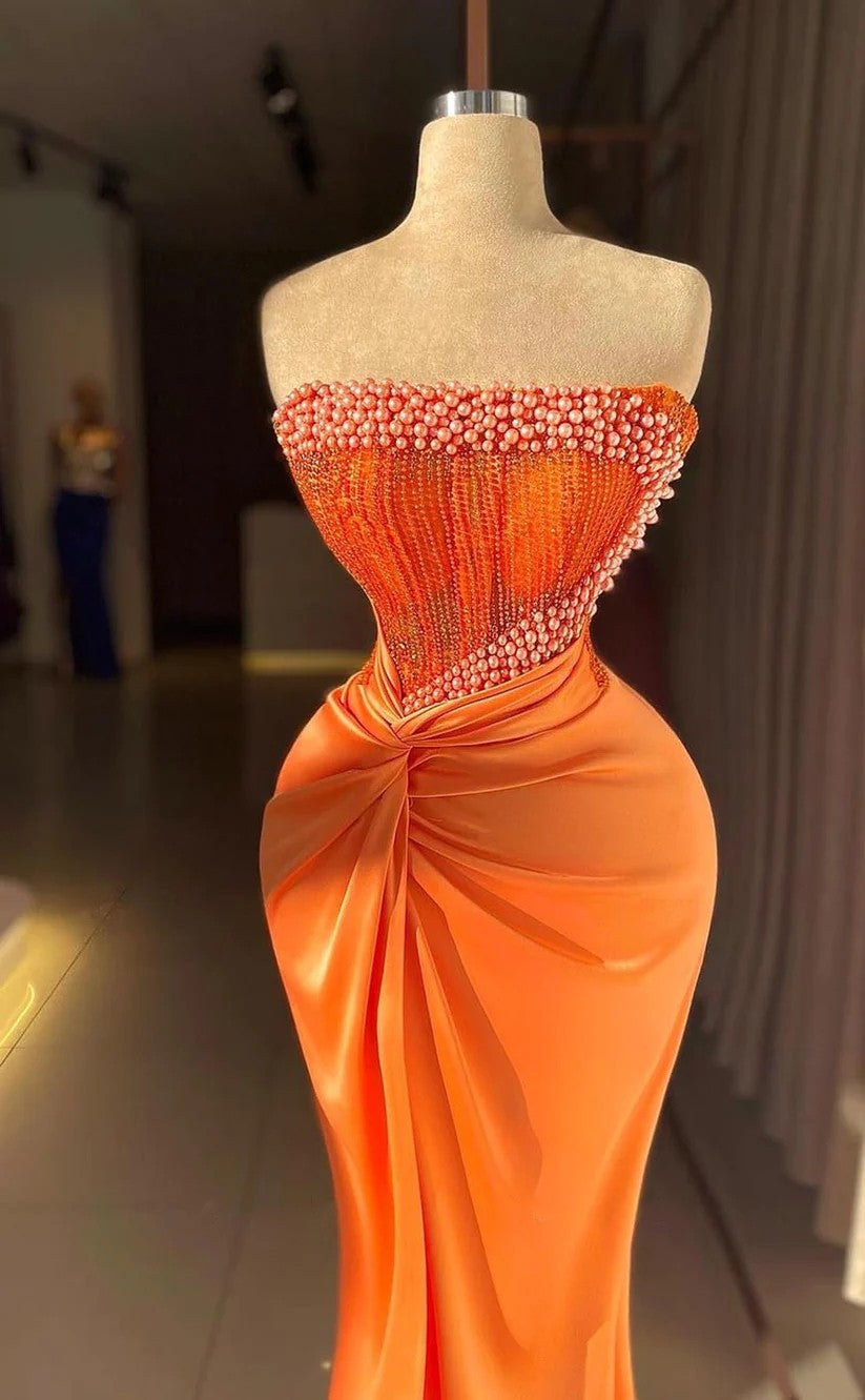 RP1367-Gorgeous Orange Mermaid Strapless Ruched Pearls Beads Sleeveless Prom Evening Dresses Formal Party Gowns