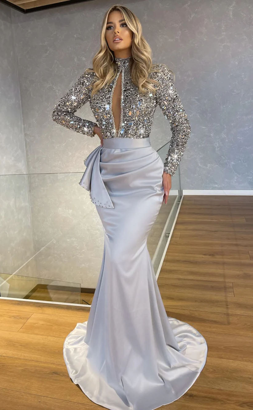 RP2138-Luxury Grey Mermaid High Neck Sequins Crystals Long Sleeves Satin Prom Evening Dresses Formal Party Gowns With Train