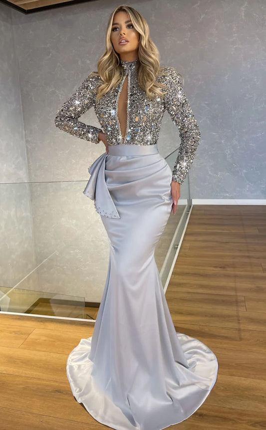 RP2138-Luxury Grey Mermaid High Neck Sequins Crystals Long Sleeves Satin Prom Evening Dresses Formal Party Gowns With Train