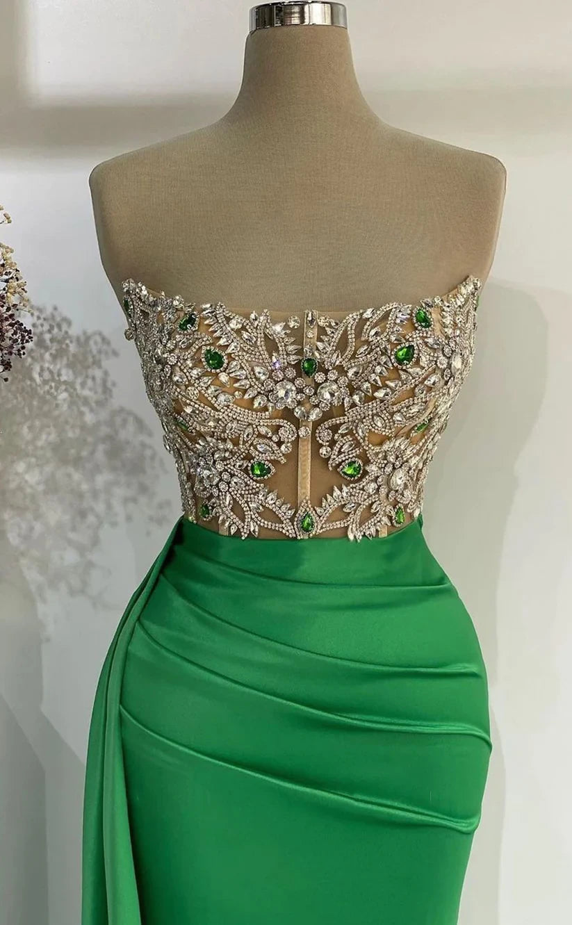 RP418-Elegant Green Mermaid Strapless Crystals Beads Ruched Sleeveless Long Prom Evening Dresses Formal Party Gowns With Slit