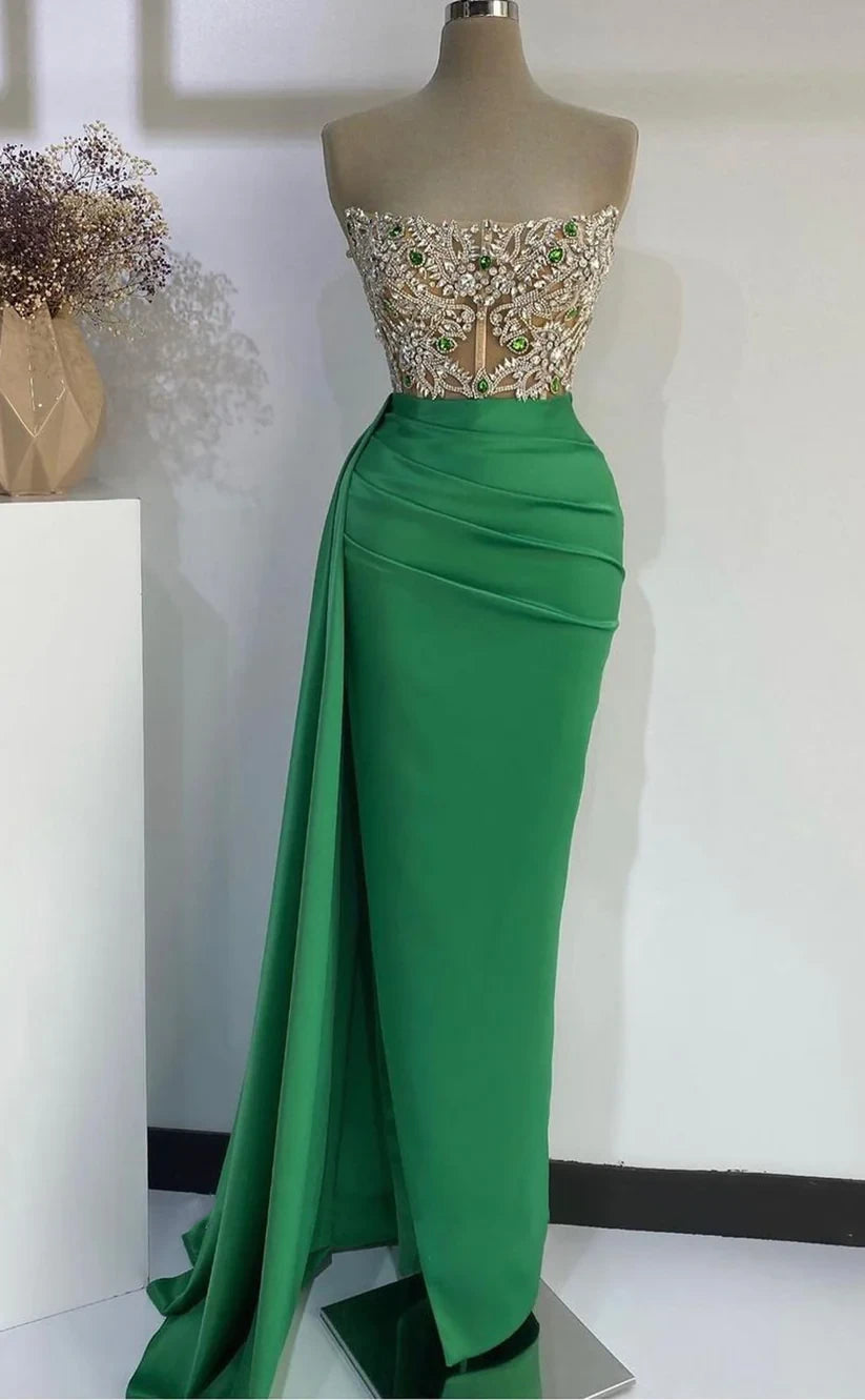 RP418-Elegant Green Mermaid Strapless Crystals Beads Ruched Sleeveless Long Prom Evening Dresses Formal Party Gowns With Slit