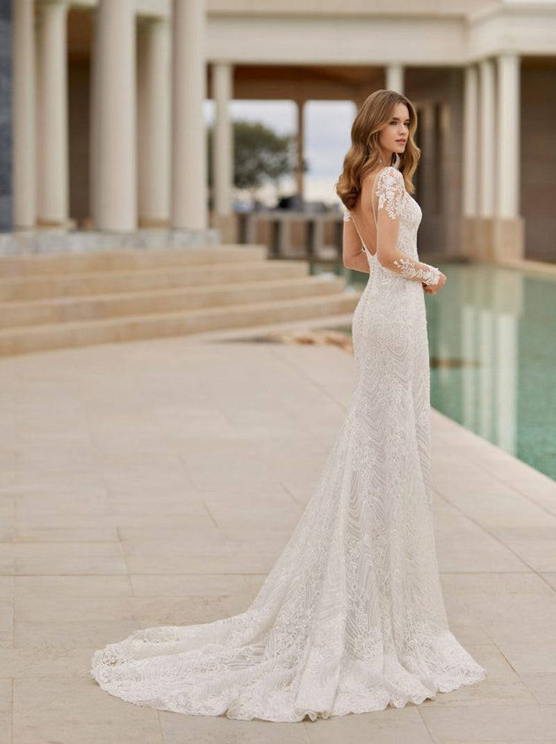 Elegant Mermaid Wedding Dresses See Through Scoop Illusion Long Sleeves Appliques Beads Lace Buttons Lace Court Train Bridal Gowns For Women