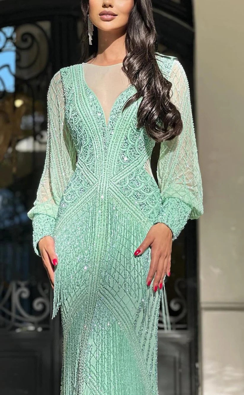 RP1372-Sparkling Green Mermaid Scoop Beaded Tassel Long Sleeves Prom Evening Dresses Formal Party Gowns With Train