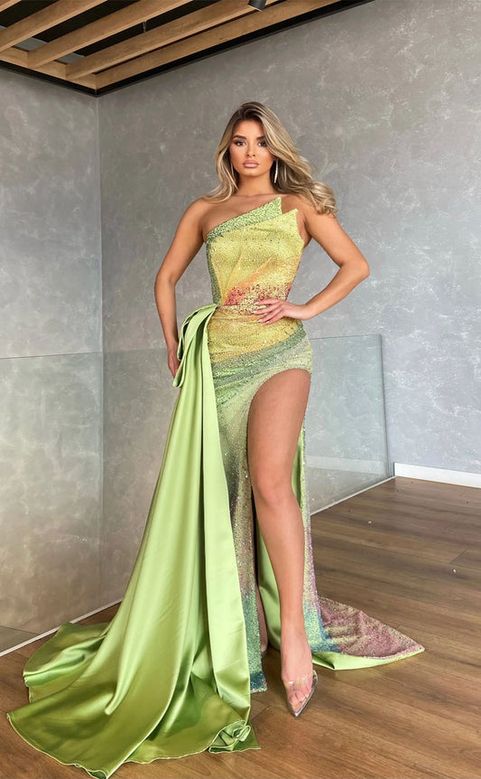 RP2123-Bright Green Mermaid Strapless Beaded Sleeveless Satin Prom Evening Dresses Formal Party Gowns With Slit