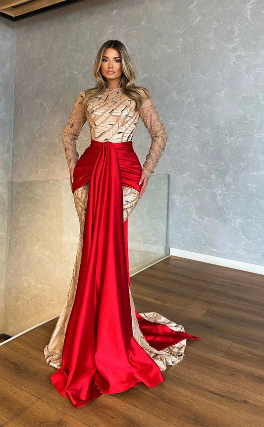 RP2124-Luxury Red Mermaid High Neck Beaded Crystals Long Sleeves Satin Prom Evening Dresses Formal Party Gowns With Train