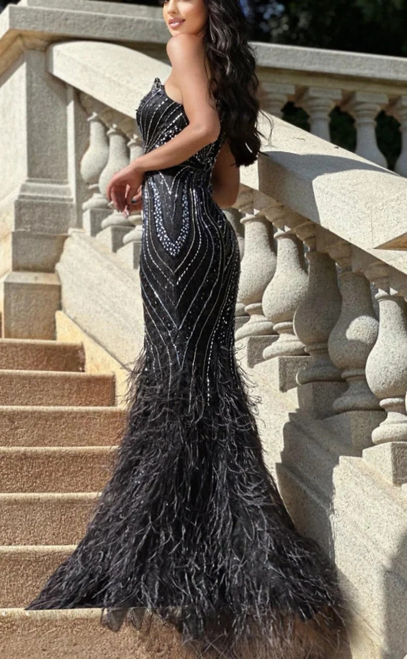 RP1373-Luxury Black Mermaid Sweetheart Beaded Feather Sleeveless Prom Evening Dresses Formal Party Gowns With Train