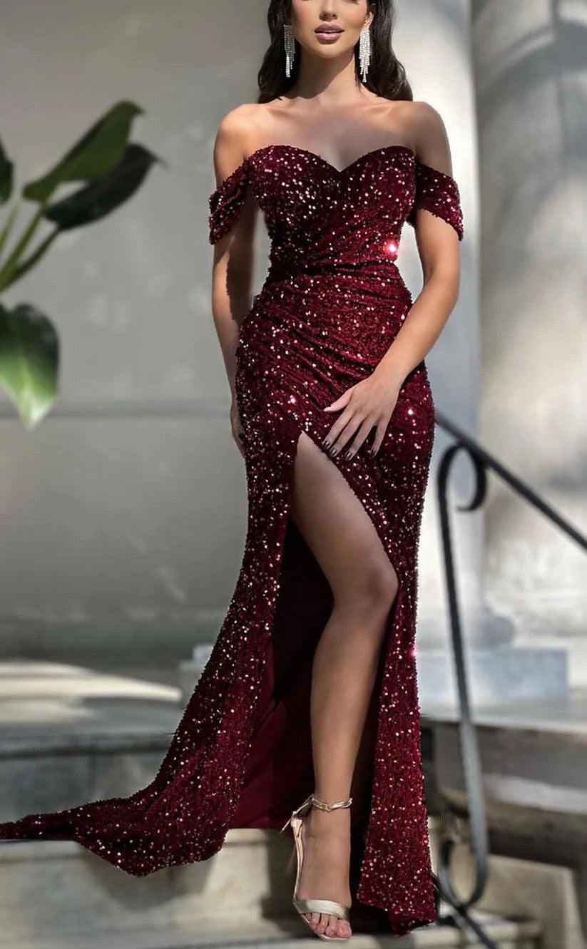 RP1374-Sparkling Burgundy Mermaid Off-the-Shoulder Sequins Cap Sleeves Prom Evening Dresses Formal Party Gowns With Slit