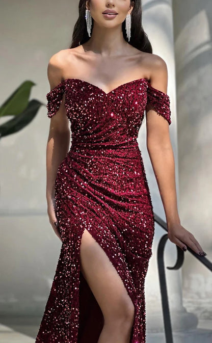 RP1374-Sparkling Burgundy Mermaid Off-the-Shoulder Sequins Cap Sleeves Prom Evening Dresses Formal Party Gowns With Slit