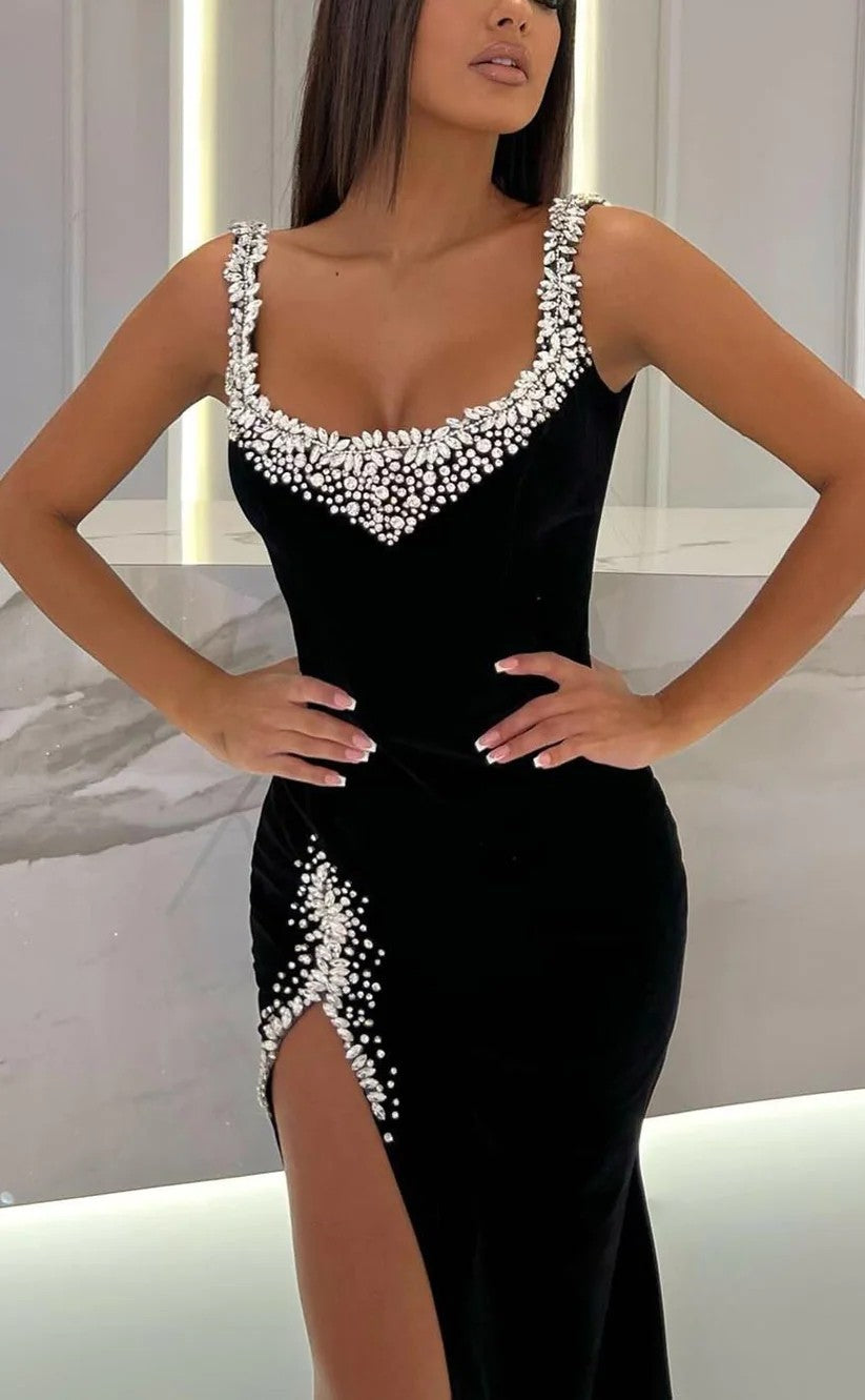 RP1377-Modern Black Mermaid Spaghetti Crystals Sleeveless Prom Evening Dresses Formal Party Gowns With Slit