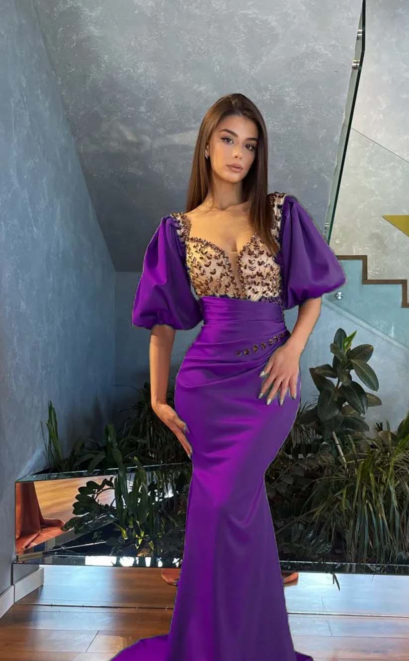 RP2121-Charming Purple  Mermaid Sweetheart Beaded Crystals Puffy Sleeves Satin Prom Evening Dresses Formal Party Gowns With Train