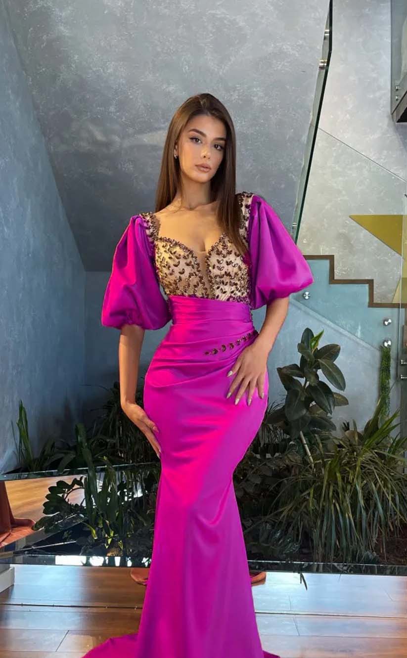 RP2121-Charming Purple  Mermaid Sweetheart Beaded Crystals Puffy Sleeves Satin Prom Evening Dresses Formal Party Gowns With Train