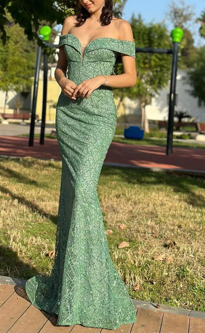 RP1379-Sparkling Green Mermaid Off-the-Shoulder Sequins Cap Sleeves Prom Evening Dresses Formal Party Gowns With Train