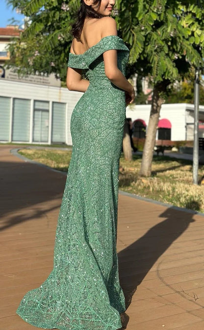 RP1379-Sparkling Green Mermaid Off-the-Shoulder Sequins Cap Sleeves Prom Evening Dresses Formal Party Gowns With Train