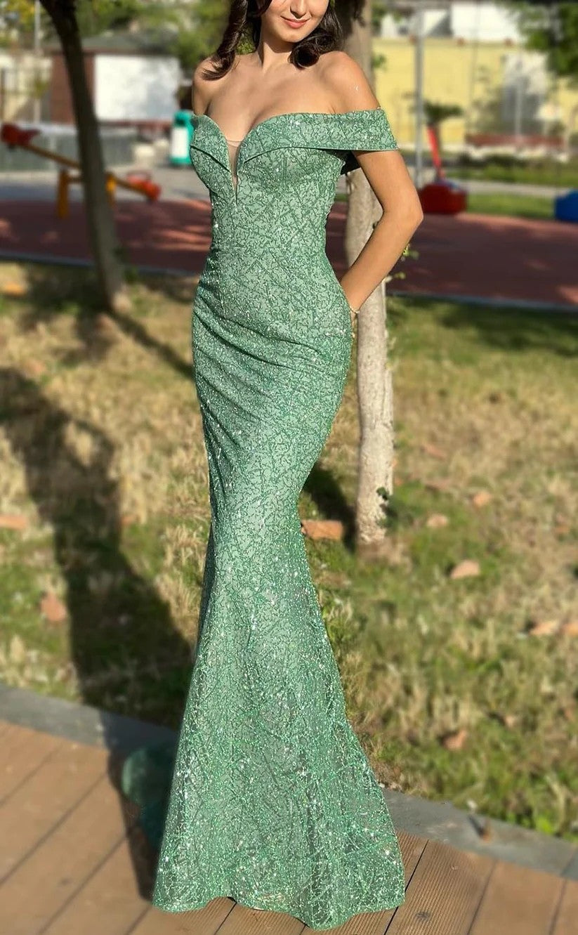 RP1379-Sparkling Green Mermaid Off-the-Shoulder Sequins Cap Sleeves Prom Evening Dresses Formal Party Gowns With Train