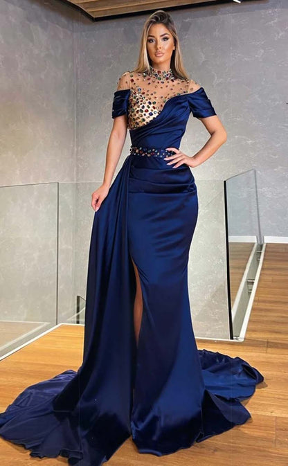 RP2119-Luxury Green Mermaid High Neck Beaded Crystals Long Sleeves Satin Prom Evening Dresses Formal Party Gowns With Slit