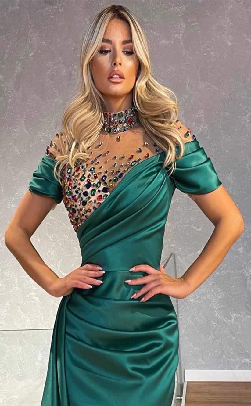 RP2119-Luxury Green Mermaid High Neck Beaded Crystals Long Sleeves Satin Prom Evening Dresses Formal Party Gowns With Slit