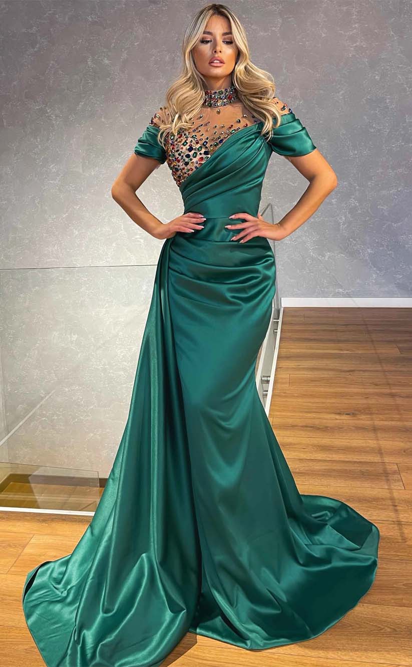 RP2119-Luxury Green Mermaid High Neck Beaded Crystals Long Sleeves Satin Prom Evening Dresses Formal Party Gowns With Slit