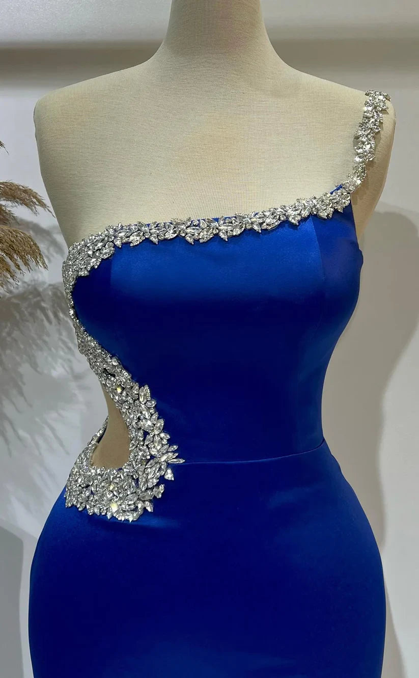 RP415-Elegant Royal Blue Mermaid One Shoulder Crystals Ruched Sleeveless Long Prom Evening Dresses Formal Party Gowns With Slit