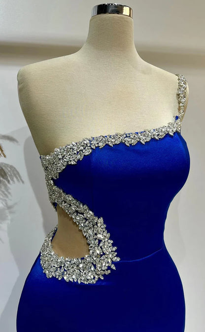 RP415-Elegant Royal Blue Mermaid One Shoulder Crystals Ruched Sleeveless Long Prom Evening Dresses Formal Party Gowns With Slit