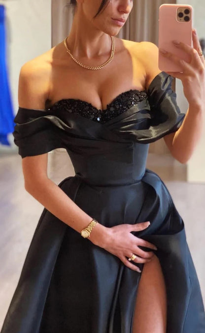 RP1380-Modern Black A-Line Off-the-Shoulder Ruched Beaded Cap Sleeves Prom Evening Dresses Formal Party Gowns With Slit