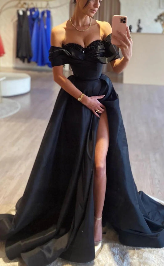 RP1380-Modern Black A-Line Off-the-Shoulder Ruched Beaded Cap Sleeves Prom Evening Dresses Formal Party Gowns With Slit