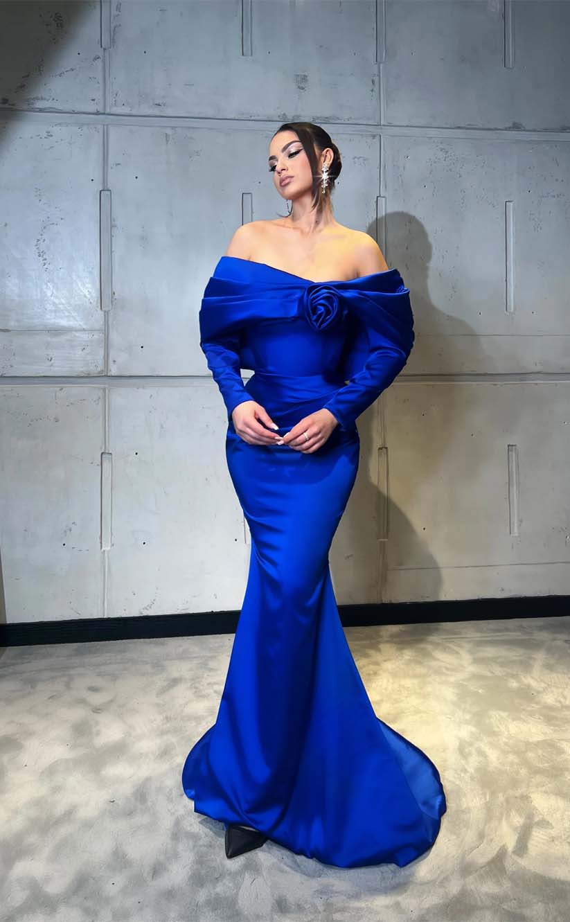 RP2131-Gorgeous Royal Blue Mermaid Off-the-Shoulder 3D Flower Long Sleeves Satin Prom Evening Dresses Formal Party Gowns