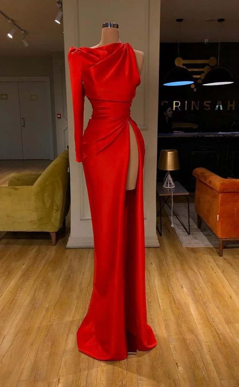 RP2134-Elegant Red Mermaid High Neck Pleated Long Sleeves Prom Evening Dresses Formal Party Gowns With Slit