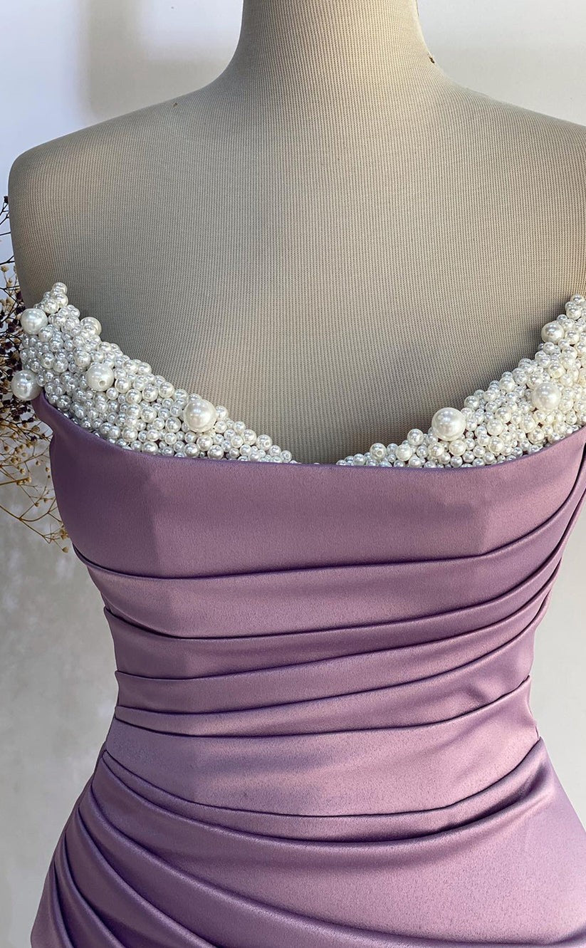 RP416-Elegant Lavender Mermaid Sweetheart Pearls Ruched Sleeveless Long Prom Evening Dresses Formal Party Gowns With Slit