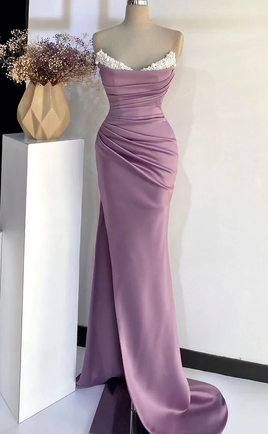 RP416-Elegant Lavender Mermaid Sweetheart Pearls Ruched Sleeveless Long Prom Evening Dresses Formal Party Gowns With Slit
