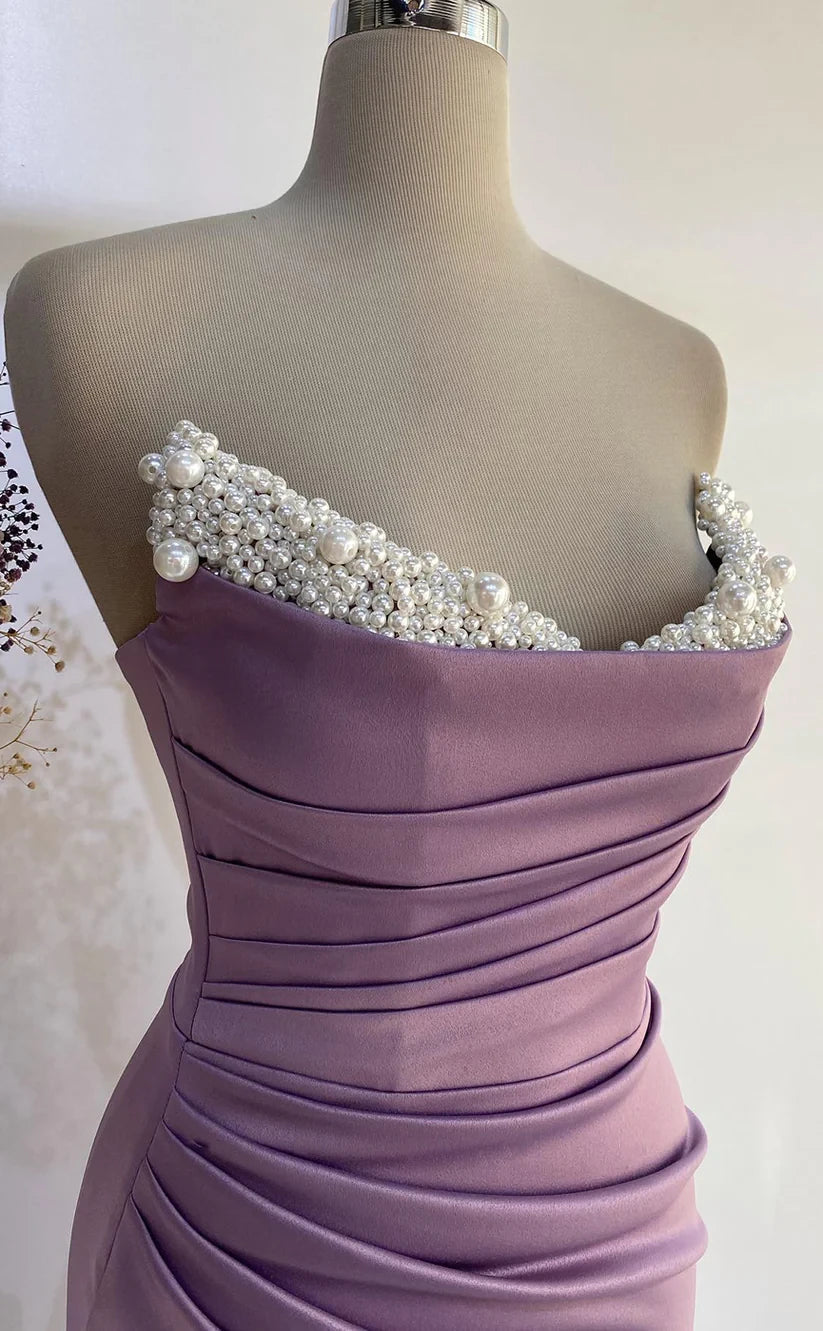 RP416-Elegant Lavender Mermaid Sweetheart Pearls Ruched Sleeveless Long Prom Evening Dresses Formal Party Gowns With Slit
