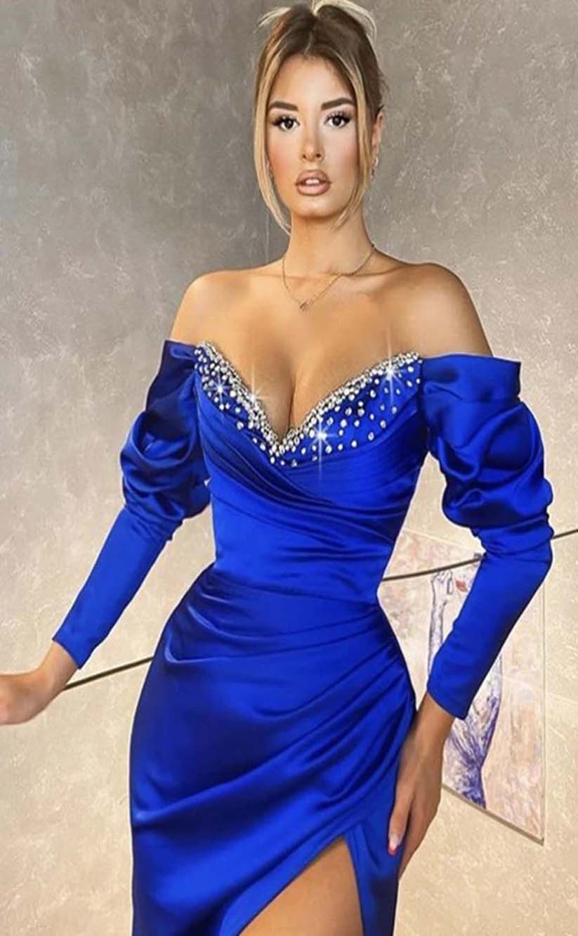 RP2129-Gorgeous Royal Blue Mermaid Off-the-Shoulder Beaded Long Sleeves Satin Prom Evening Dresses Formal Party Gowns With Slit