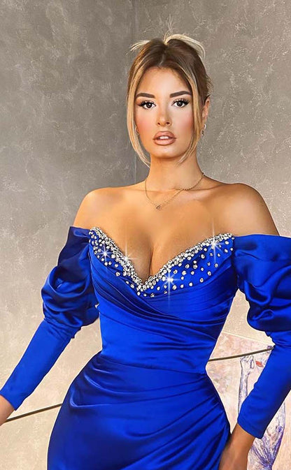 RP2129-Gorgeous Royal Blue Mermaid Off-the-Shoulder Beaded Long Sleeves Satin Prom Evening Dresses Formal Party Gowns With Slit