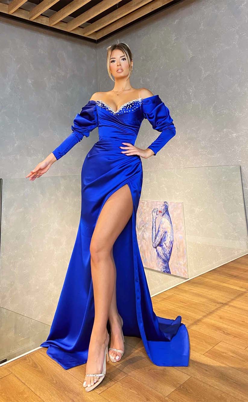 RP2129-Gorgeous Royal Blue Mermaid Off-the-Shoulder Beaded Long Sleeves Satin Prom Evening Dresses Formal Party Gowns With Slit