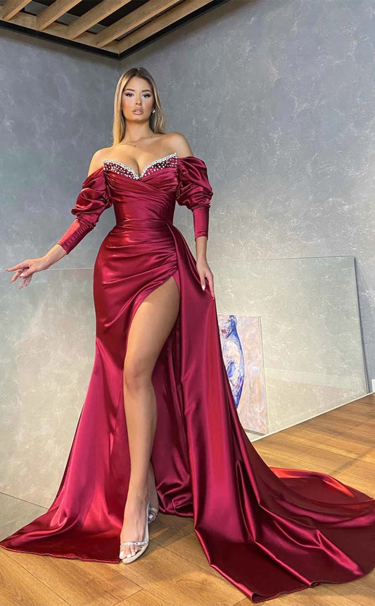 RP2130-Gorgeous Burgundy Mermaid Off-the-Shoulder Beaded Long Sleeves Satin Prom Evening Dresses Formal Party Gowns With Slit