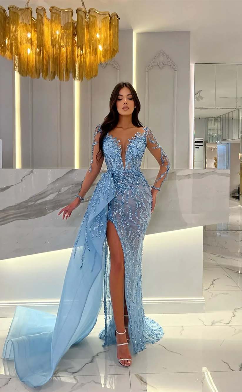 RP2164-Luxury Sky Blue Mermaid Illusion Neck Beaded Appliqued Long Sleeves Tulle Prom Evening Dresses Formal Party Gowns With Slit