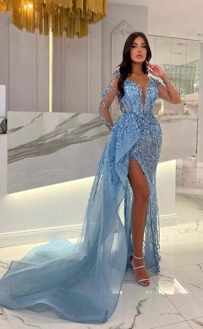 RP2164-Luxury Sky Blue Mermaid Illusion Neck Beaded Appliqued Long Sleeves Tulle Prom Evening Dresses Formal Party Gowns With Slit
