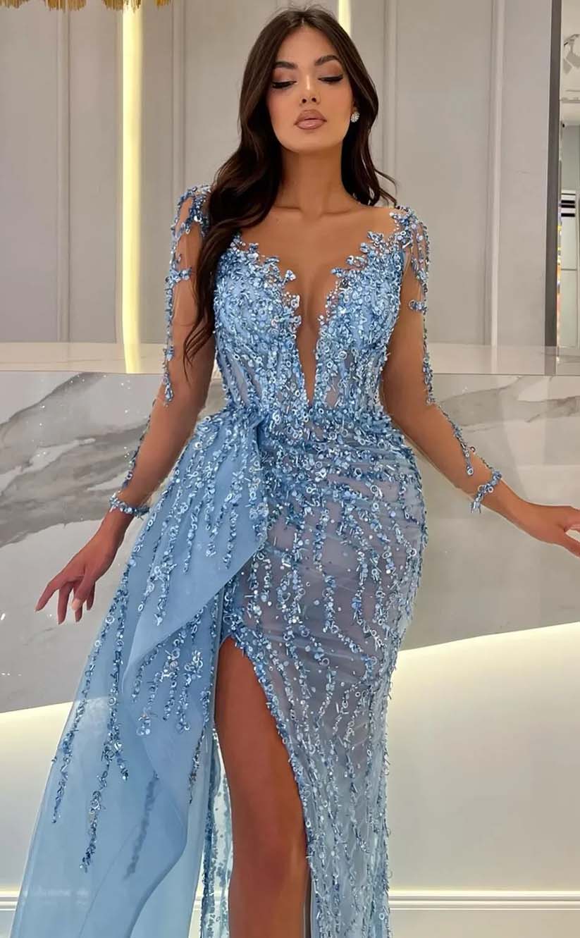 RP2164-Luxury Sky Blue Mermaid Illusion Neck Beaded Appliqued Long Sleeves Tulle Prom Evening Dresses Formal Party Gowns With Slit