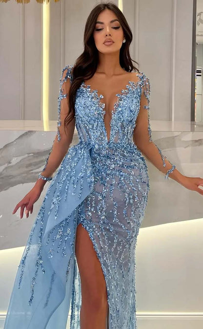 RP2164-Luxury Sky Blue Mermaid Illusion Neck Beaded Appliqued Long Sleeves Tulle Prom Evening Dresses Formal Party Gowns With Slit